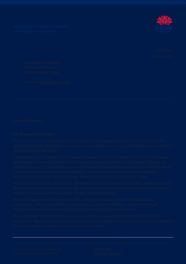 thumbnail of Correspondence – ED Agriculture letter to Josephine Beverley – 08.01.2025