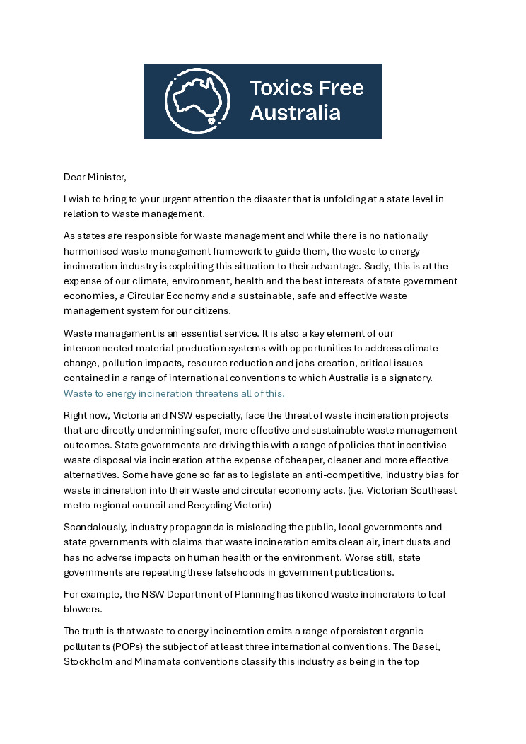 thumbnail of Ministerial letter incineration threat to Australia