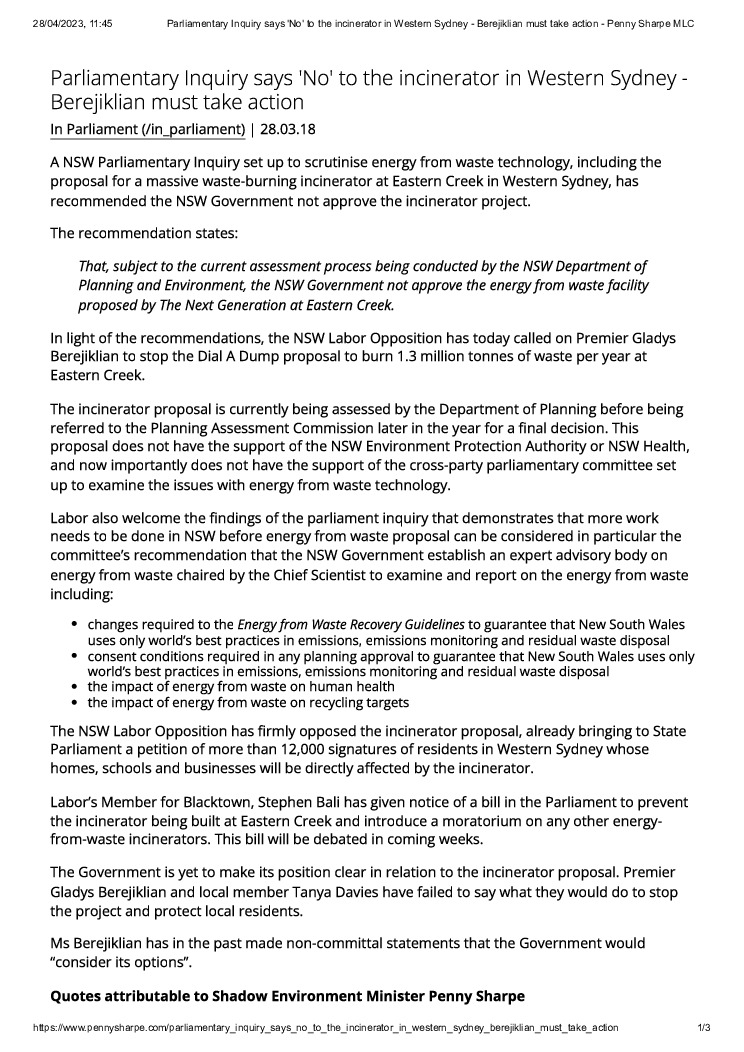 thumbnail of Parliamentary Inquiry says _No_ to the incinerator in Western Sydney – Berejiklian must take action – Penny Sharpe MLC