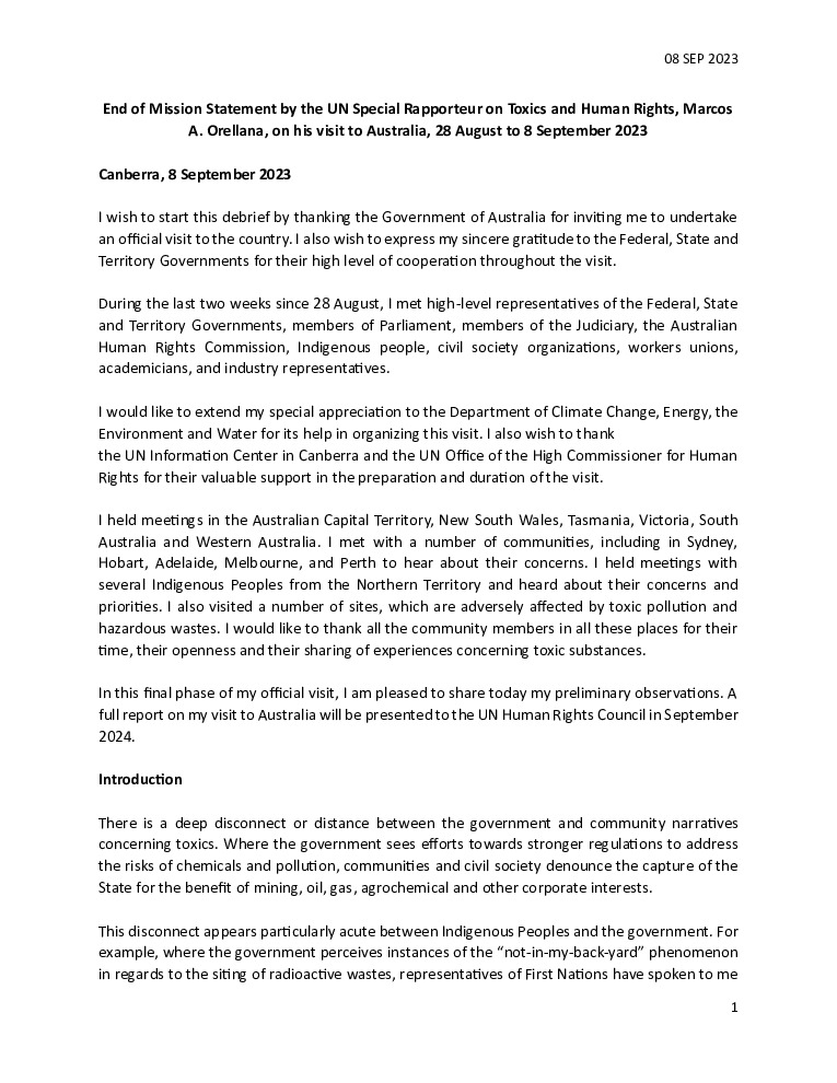 thumbnail of The UN Special Rapporteur on toxics and hr – Australia – end of mission statement – 08 SEP 2023